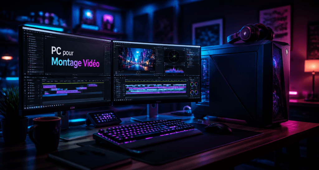 pc pour le montage video avec ecrans et accessoires