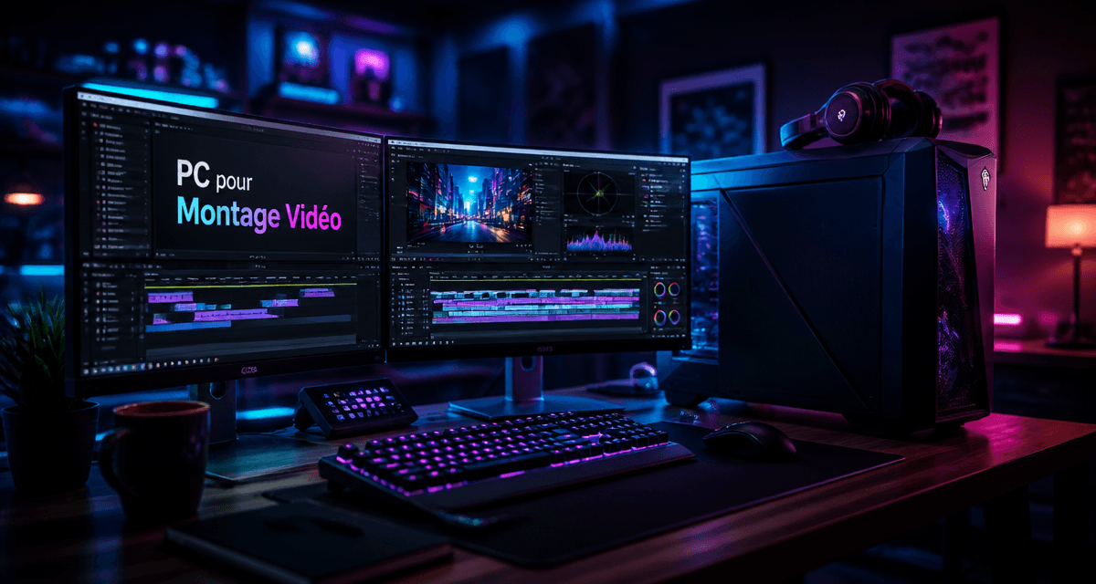 pc pour le montage video avec ecrans et accessoires