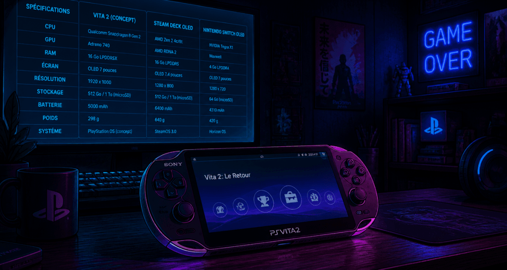 ps vita 2 sur bureau gamer ambiance neon