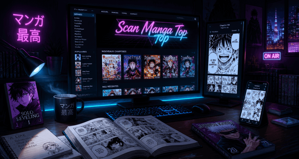 Scan manga top sur écrans dans chambre moderne
