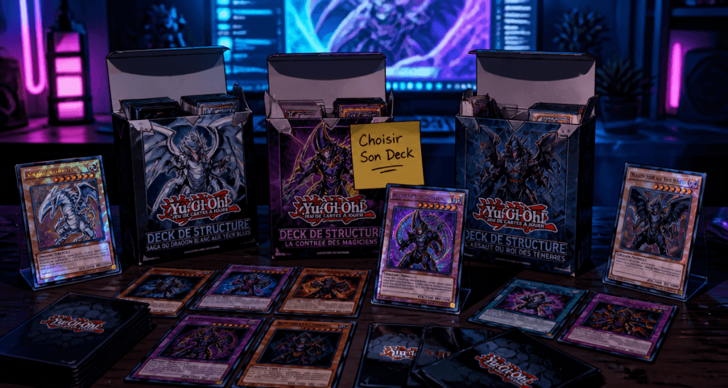 yu gi oh decks trois boîtes sur table gaming