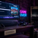 Console multi jeux rétro : manettes et liste de jeux sur écran