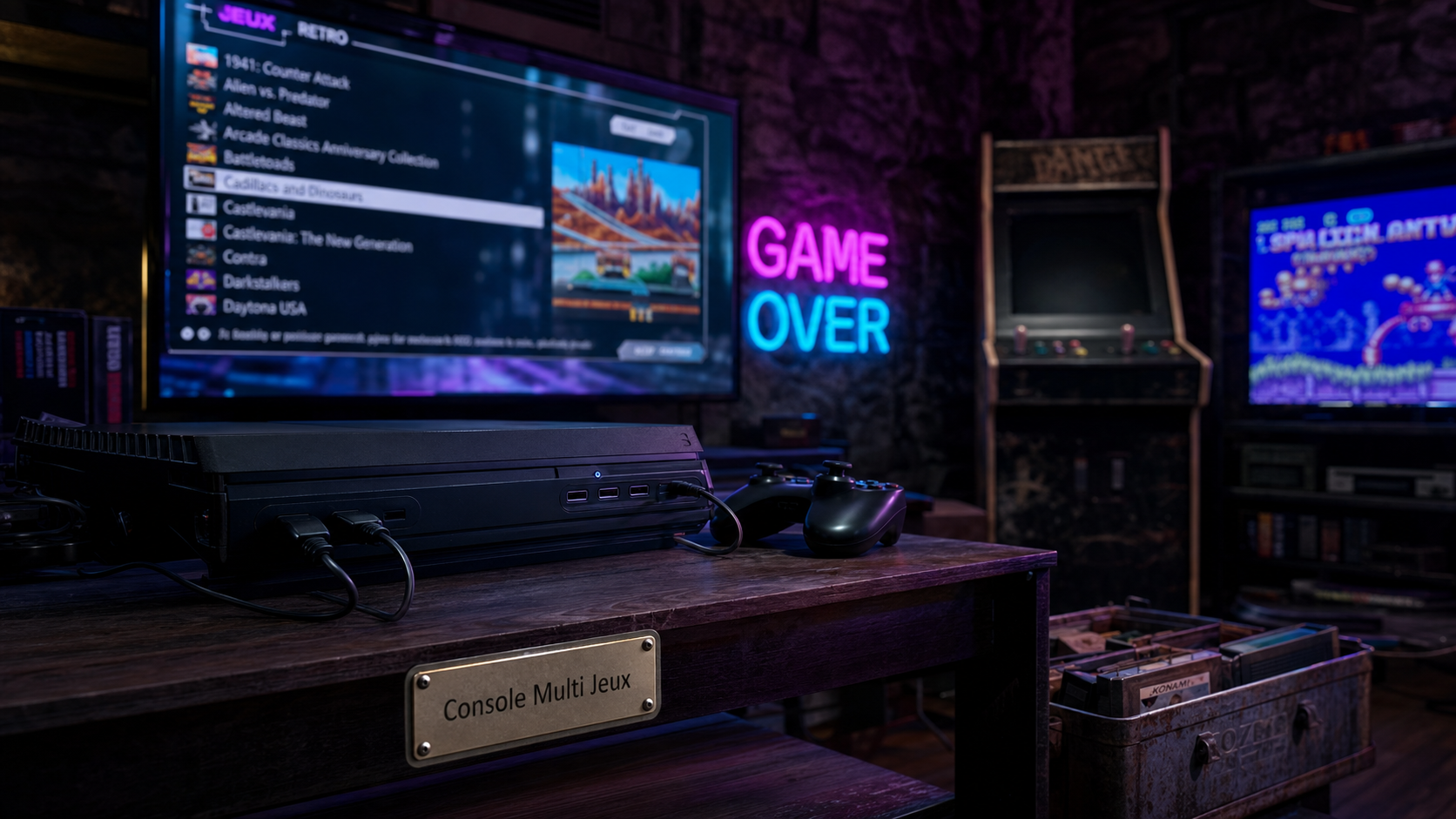 Console multi jeux rétro : manettes et liste de jeux sur écran