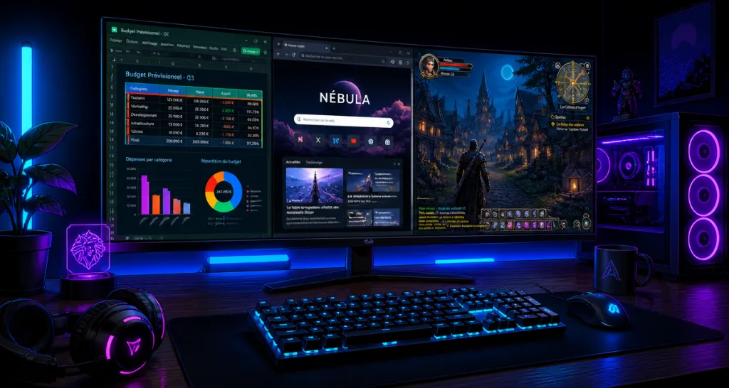ecran 40 pouces sur bureau gaming ambiance neon
