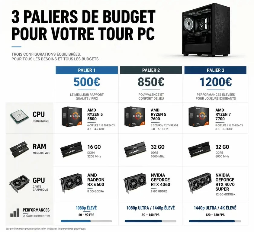 Infographie comparative des meilleures tours PC par rapport qualité-prix selon le budget