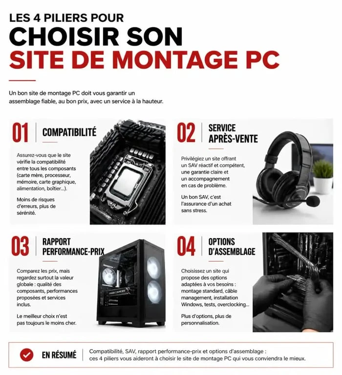 Infographie des critères pour choisir le meilleur site pour monter son pc