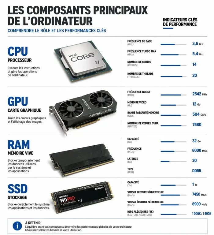 Infographie des composants PC et indicateurs clés pour l'optimisation matérielle