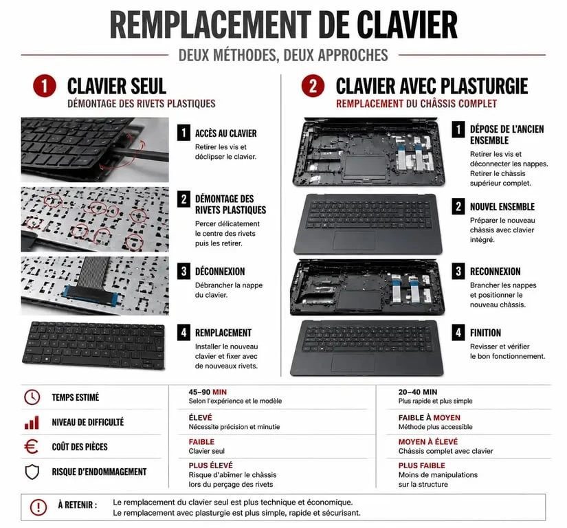 Comparatif des méthodes de remplacement de clavier HP portable : clavier seul vs topcase complet