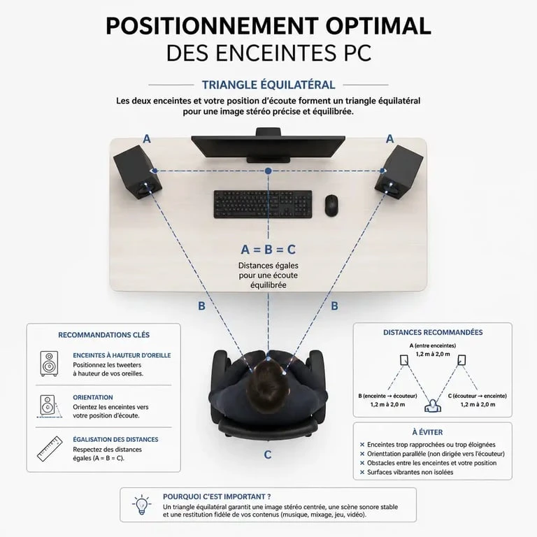 Schéma de positionnement optimal pour enceinte PC gamer