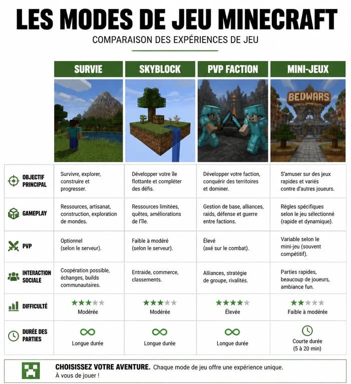 Comparatif des meilleurs serveurs Minecraft par mode de jeu