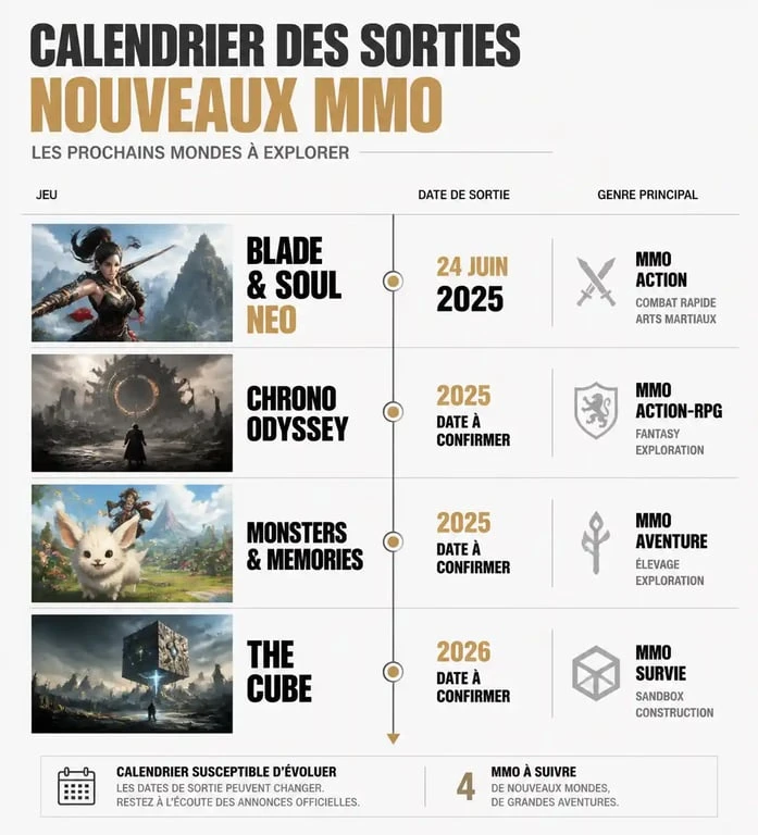 Infographie comparative des dates de sortie et genres des nouveaux MMO attendus en 2025 et 2026