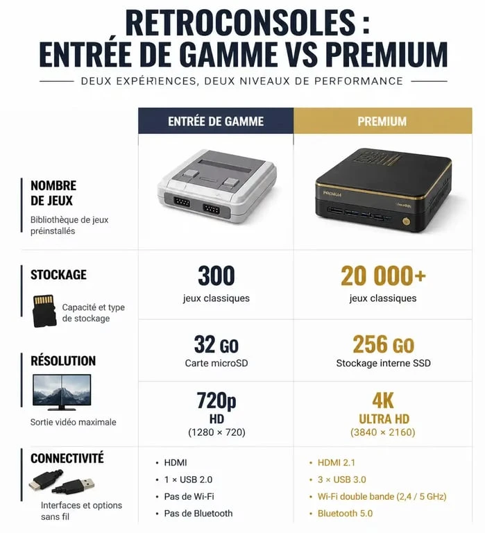 Infographie comparative des caractéristiques techniques d'une retroconsole d'entrée de gamme versus un modèle premium