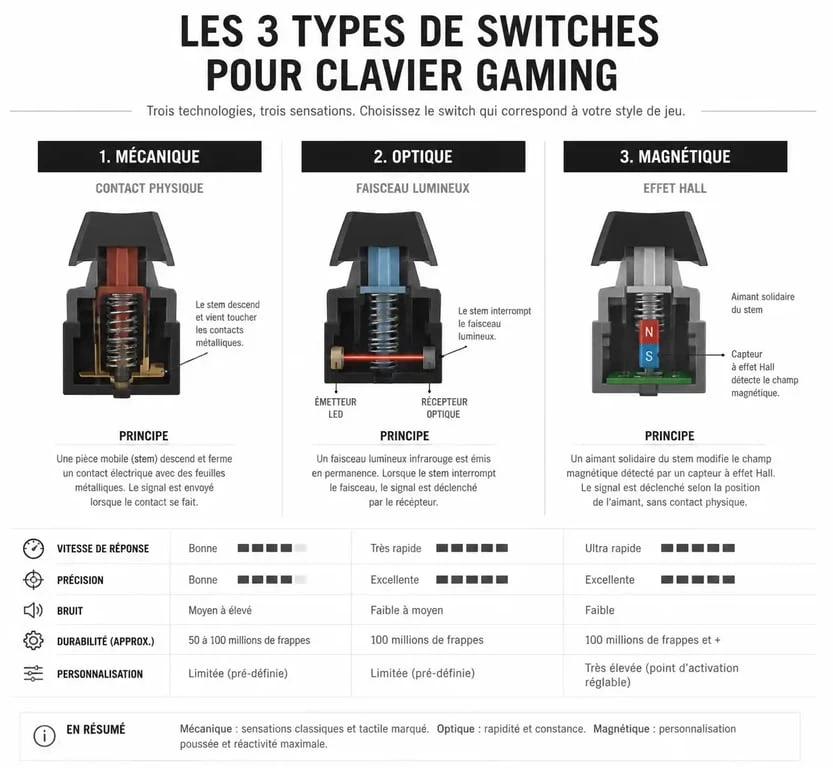 Comparatif technique des switches pour le meilleur clavier gaming : mécanique, optique et magnétique.
