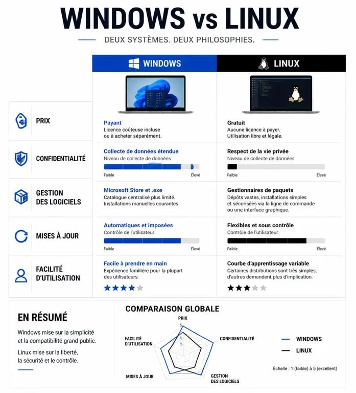 Infographie comparative Linux vs Windows : différences de prix, sécurité et performance