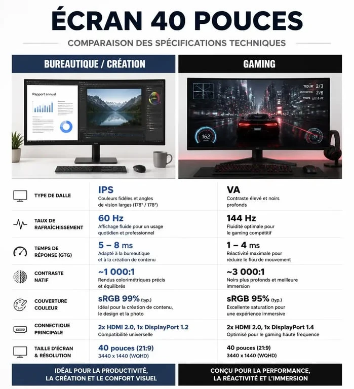 Comparatif des caractéristiques techniques d'un écran 40 pouces pour usage bureautique ou gaming
