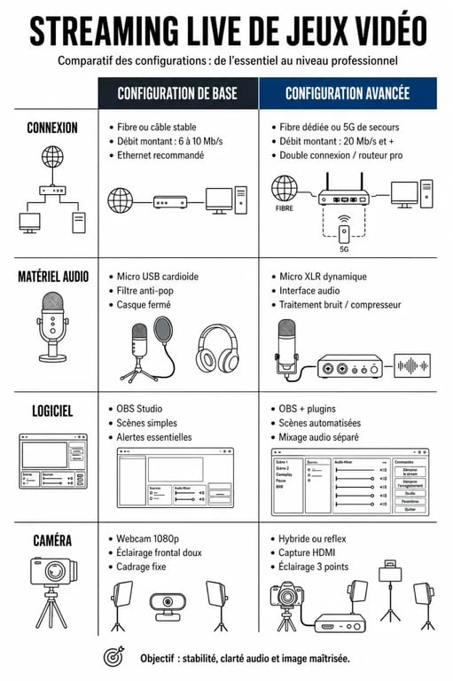 Infographie comparative des configurations pour débuter dans le streaming de jeux vidéo live