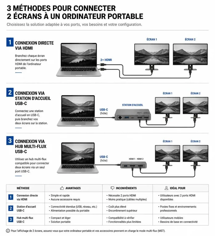 Schéma des méthodes de connexion pour 2 écrans sur un PC portable