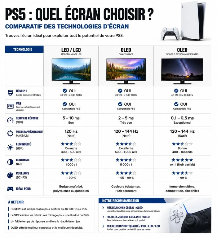Comparatif des technologies TV pour PS5 : OLED, QLED et Mini-LED pour le gaming