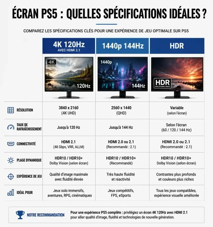 Infographie des critères techniques pour choisir le meilleur écran pour PS5