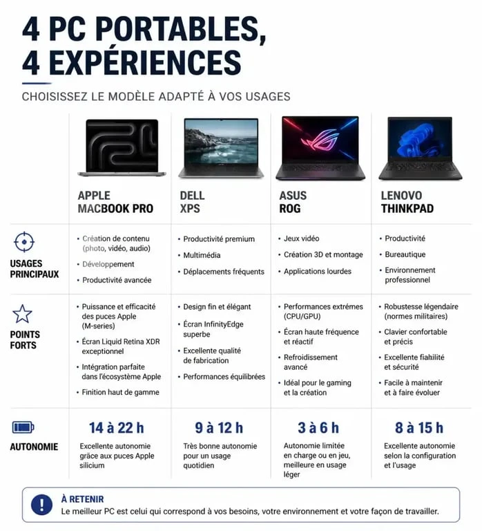 Tableau comparatif des meilleurs PC au monde 2026 : MacBook Pro, Dell XPS, ASUS ROG et Lenovo ThinkPad.