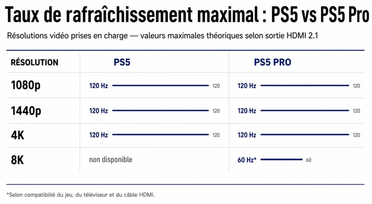 Infographie comparative des fréquences de rafraîchissement de la PS5 et PS5 Pro selon la résolution pour savoir combien de hz pour ps5