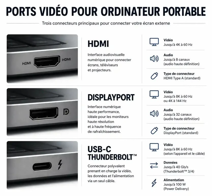Schéma des ports de connexion pour brancher un PC portable sur un écran externe