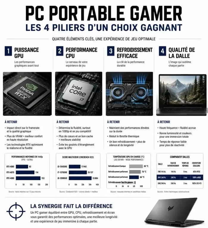 Infographie comparative des critères essentiels pour choisir le meilleur PC gamer portable