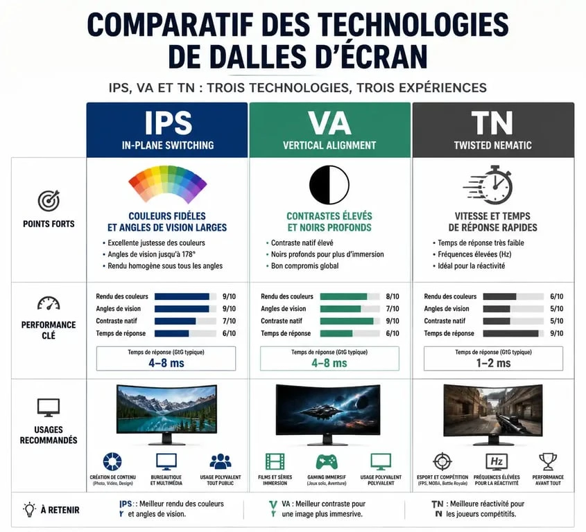 Comparatif des technologies de dalles pour écran 75Hz : IPS, VA et TN pour choisir le meilleur moniteur selon l'usage.