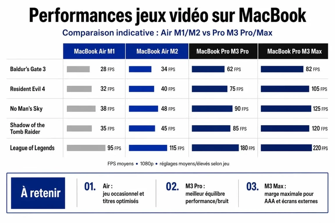 Infographie comparative des performances des meilleurs jeux sur MacBook Air et MacBook Pro