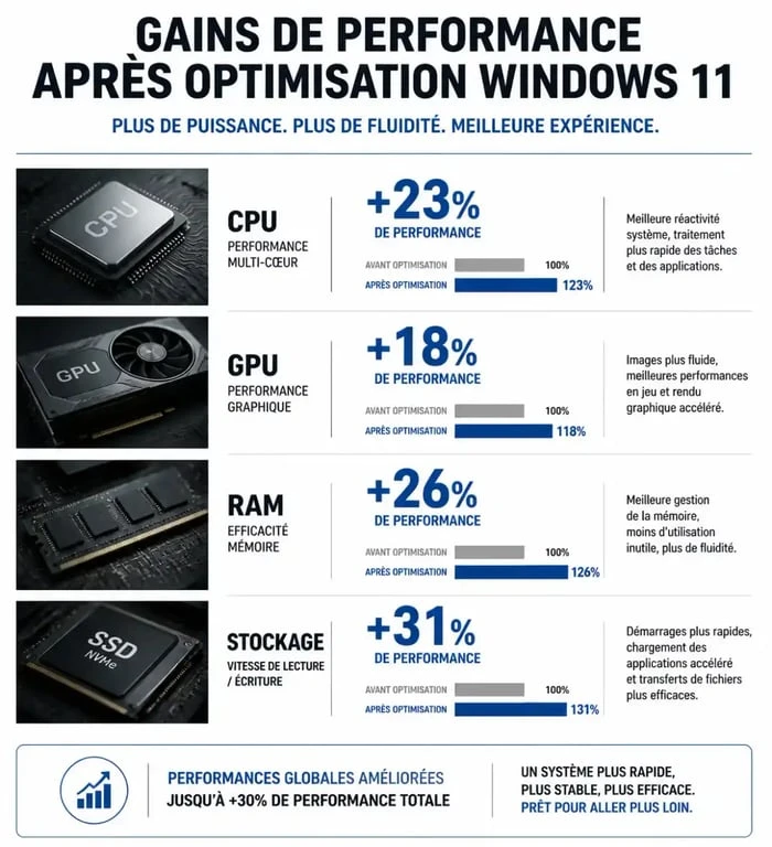 Infographie des gains de performance pour optimiser Windows 11 gaming