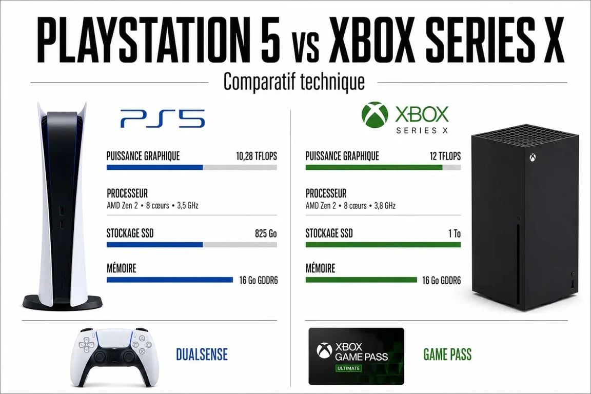 Infographie comparative des caractéristiques techniques et services entre la PlayStation 5 et la Xbox Series X