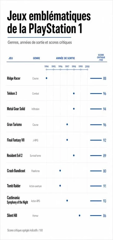 Infographie comparative des meilleurs jeux PlayStation 1 par genre et année