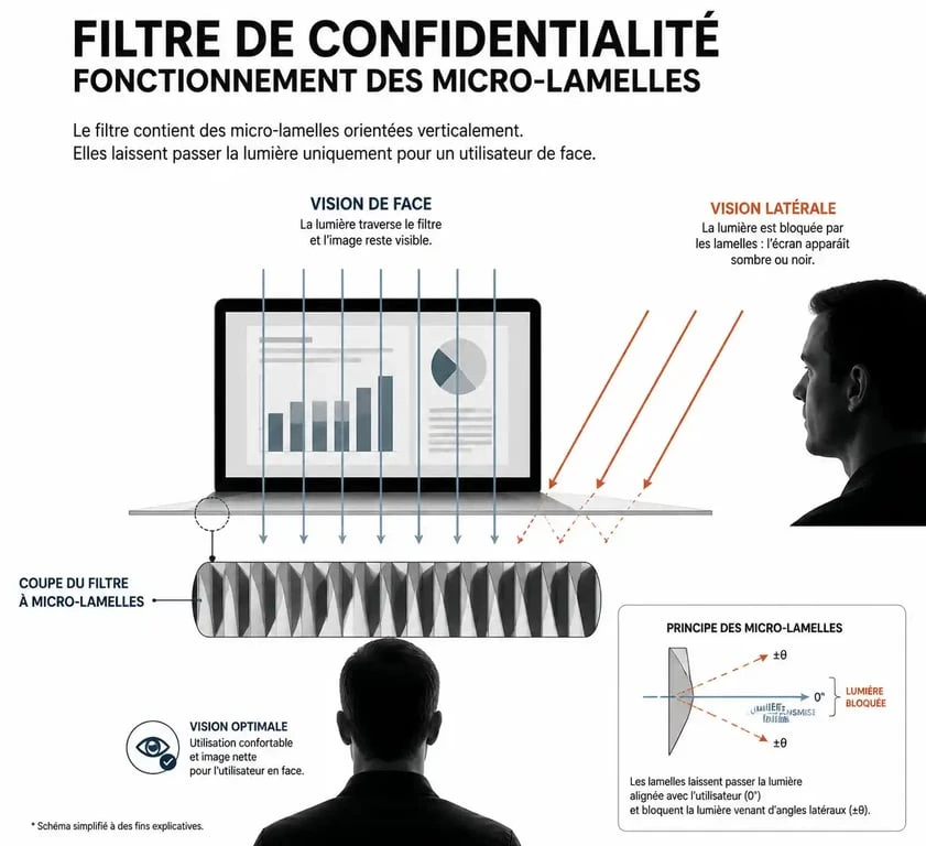 Schéma explicatif du fonctionnement technique d'un écran anti-espion par micro-lamelles