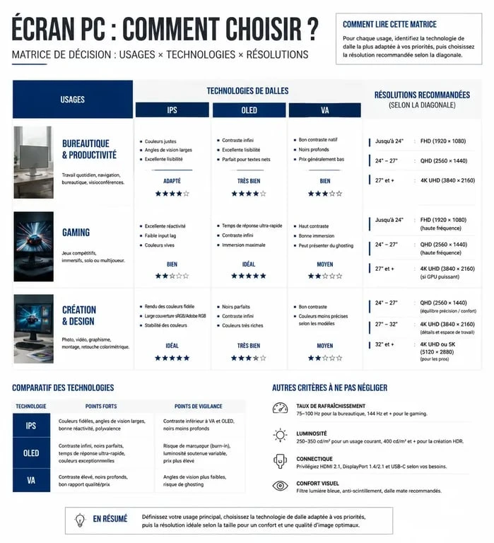Infographie comparative pour choisir son écran PC selon l'usage et les technologies de dalle