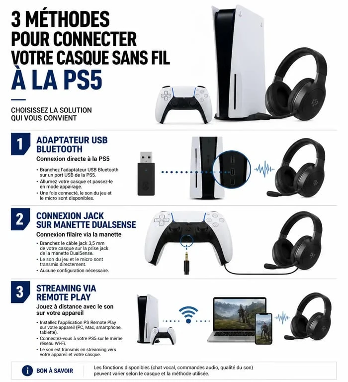 Infographie des méthodes pour connecter un casque bluetooth sur ps5