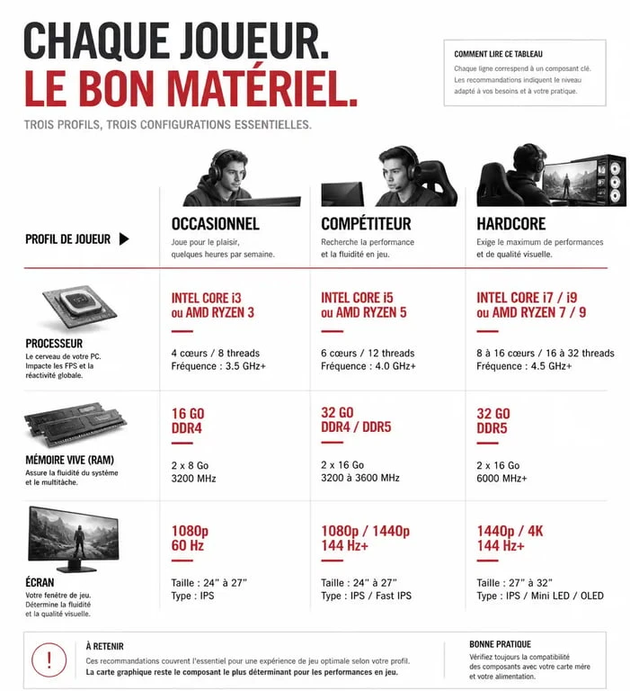 Infographie comparative des caractéristiques techniques d'une tablette pour jeux selon le profil du joueur