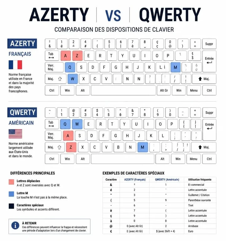 Comparaison visuelle entre la disposition des touches d'un clavier AZERTY et d'un clavier QWERTY pour aider à résoudre les problèmes de configuration.