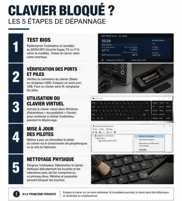 Infographie des étapes de dépannage pour un clavier ordinateur bloqué