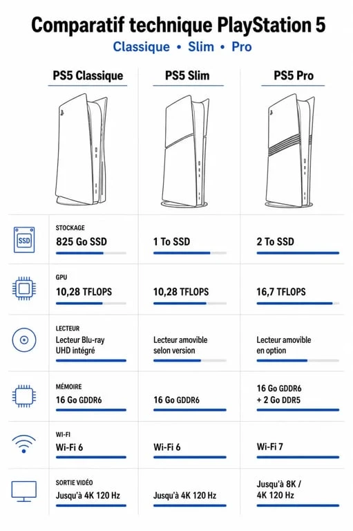 Infographie comparative des modèles PlayStation 5 : différences entre PS5 Slim, PS5 Pro et PS5 Classique