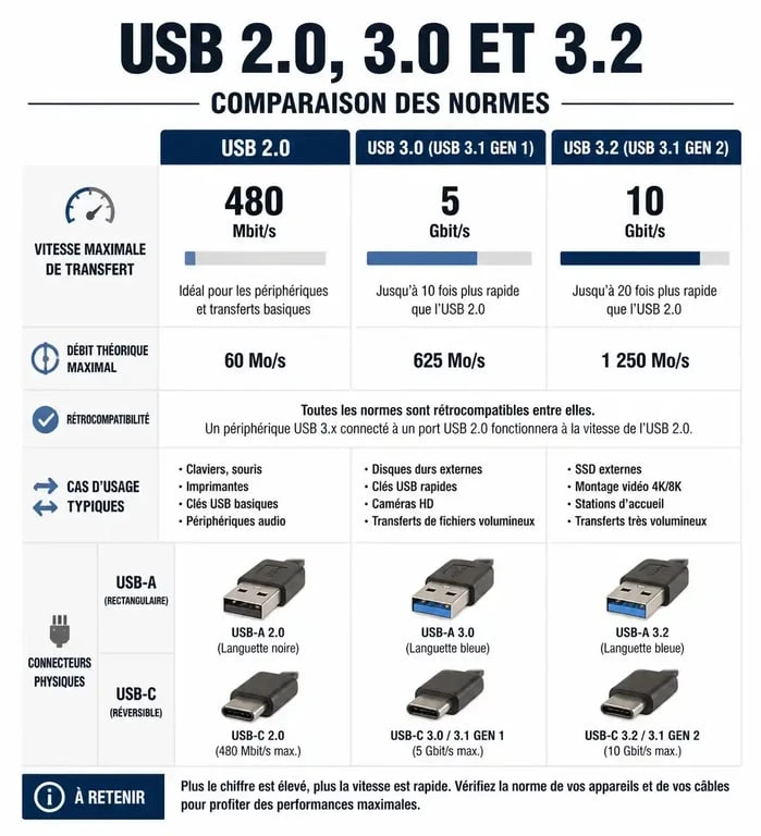 Comparatif des normes et connecteurs de lecteurs flash USB : USB 2.0, 3.0, 3.2 et USB-C