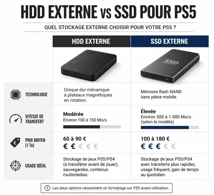 Comparatif prix et performances disque dur externe HDD vs SSD pour PS5