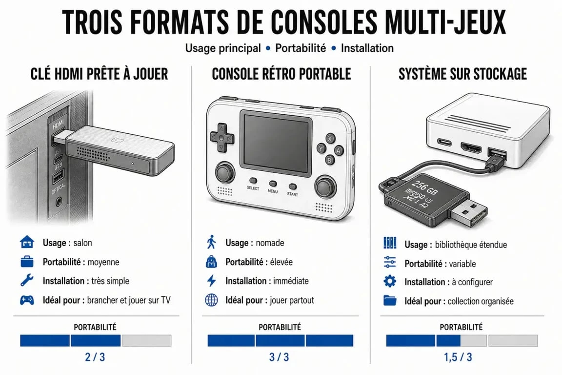 Comparatif des différents types de console multi jeux : salon, portable et stockage