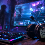 Jeux vidéo live : casque micro sur bureau, chat en direct