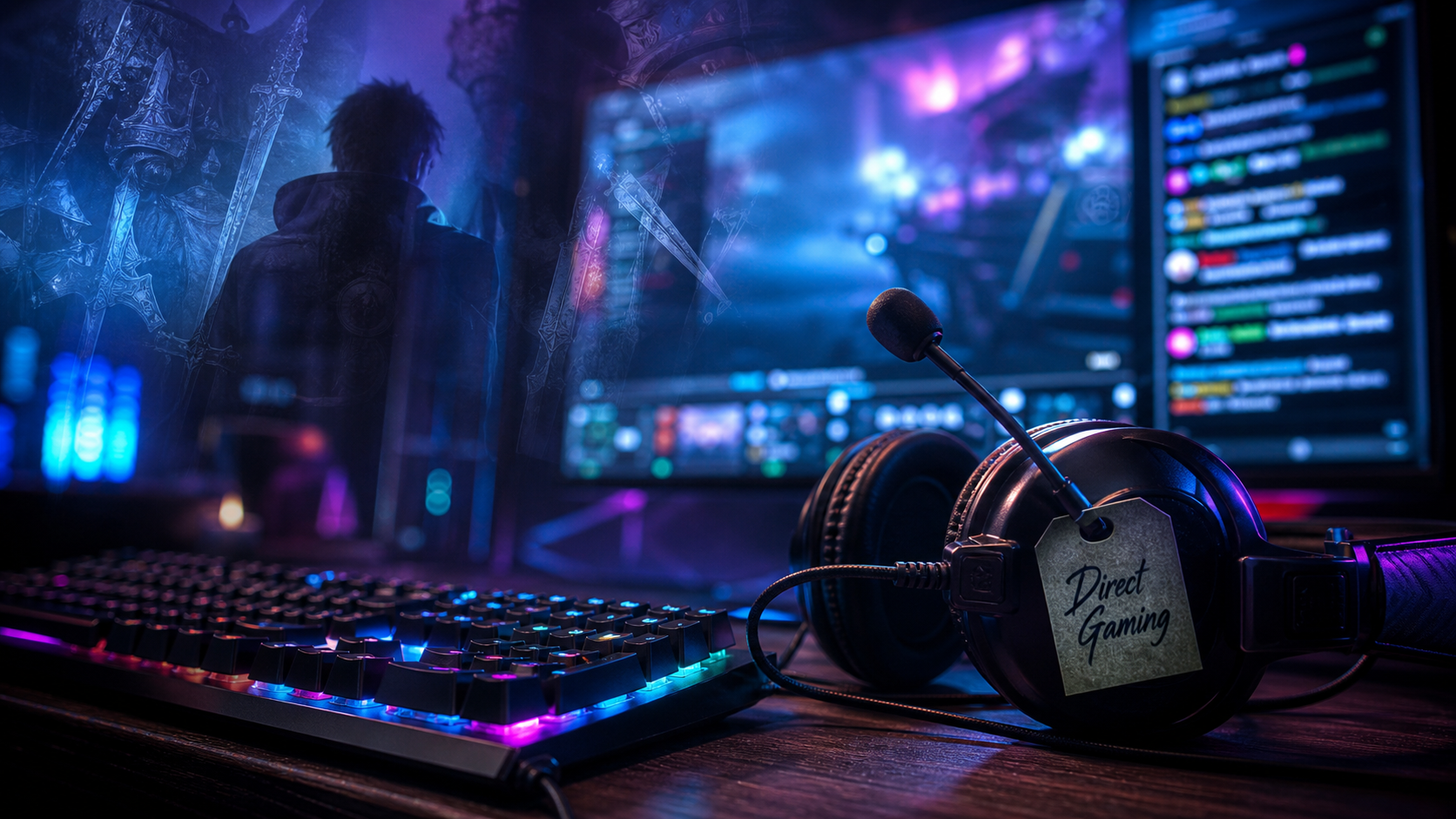Jeux vidéo live : casque micro sur bureau, chat en direct