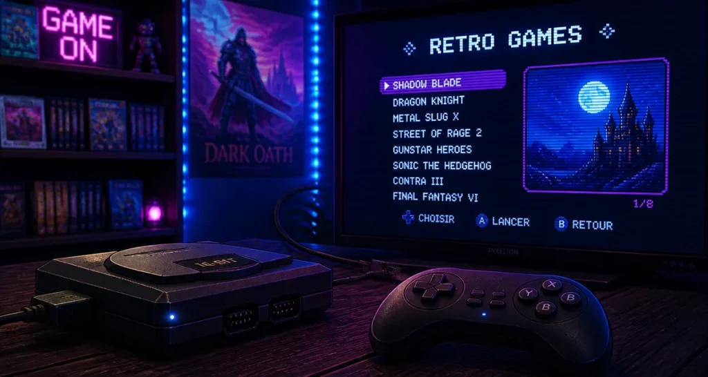 Retroconsole 4K HDMI avec 90 000 jeux, manette sans fil et écran rétro.