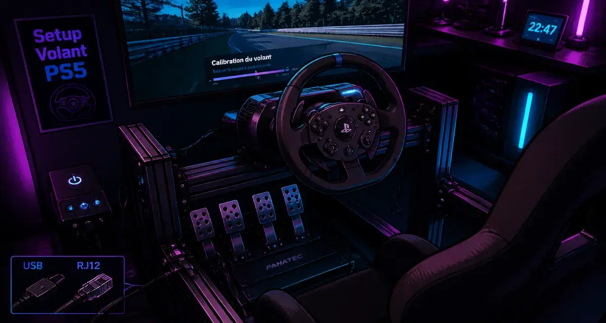 Set up volant PS5 : cockpit nocturne, câbles USB/RJ12 et calibration