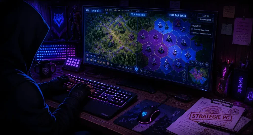 Stratégie PC jeux : joueur sur PC et carte tactique