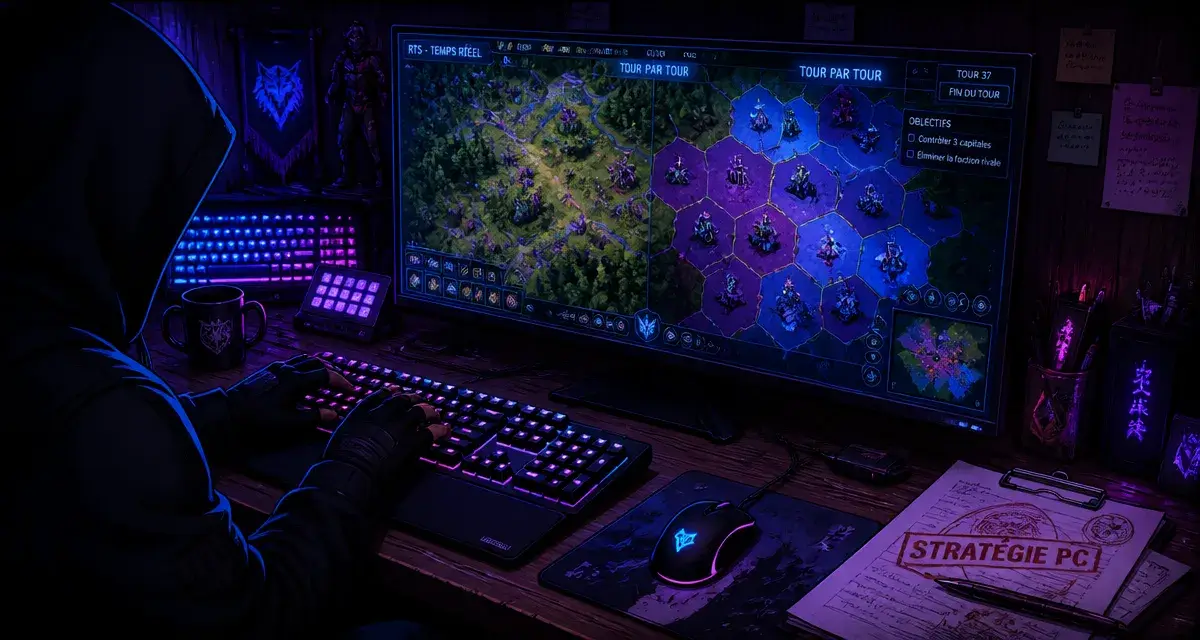 Stratégie PC jeux : joueur sur PC et carte tactique