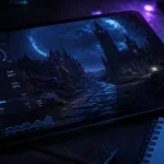 Tablette pour jeux sur table bois sombre, écran allumé et performance gaming