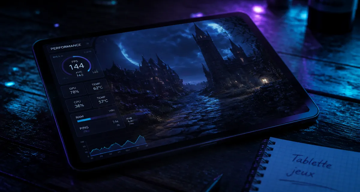 Tablette pour jeux sur table bois sombre, écran allumé et performance gaming